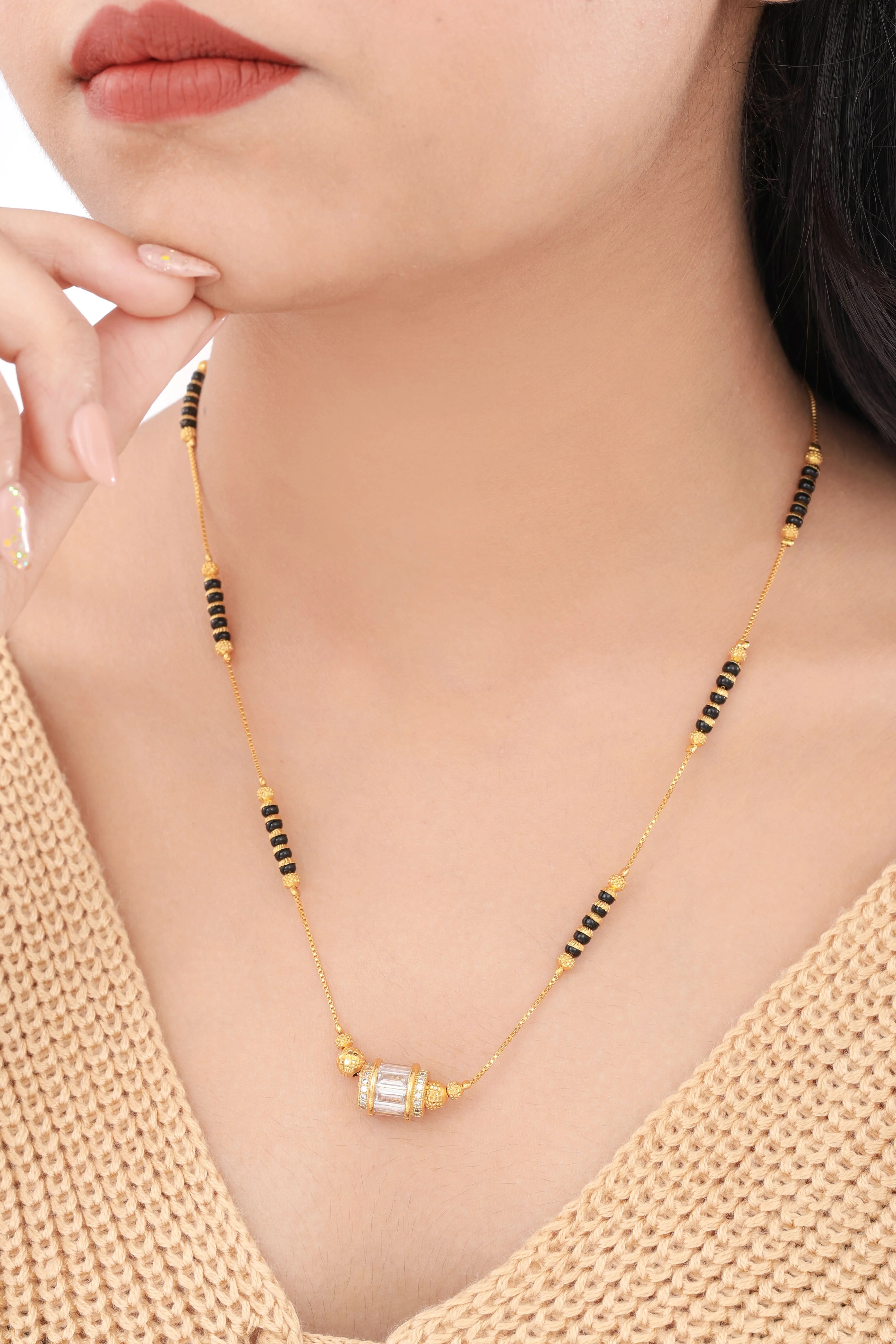 Buy 1 Get 1 Free - Elegant Cylinder CZ Mangalsutra Necklace – Black Beads & Gold Finish