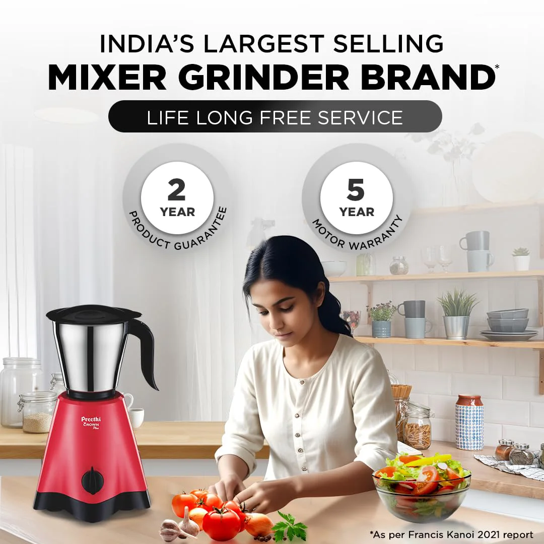Preethi Crown Plus Mixer Grinder |600 Watt Mixie,4 Jars|Super Extractor Juicer Jar | 5yr Motor Warranty & Lifelong Free Service|White/Purple (MG-258) - image 3