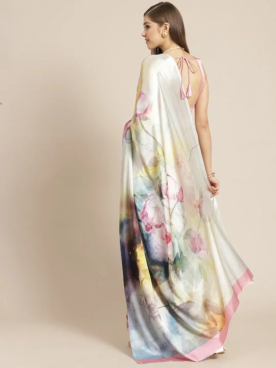 White & Pink Digital Floral Print Saree - image 3