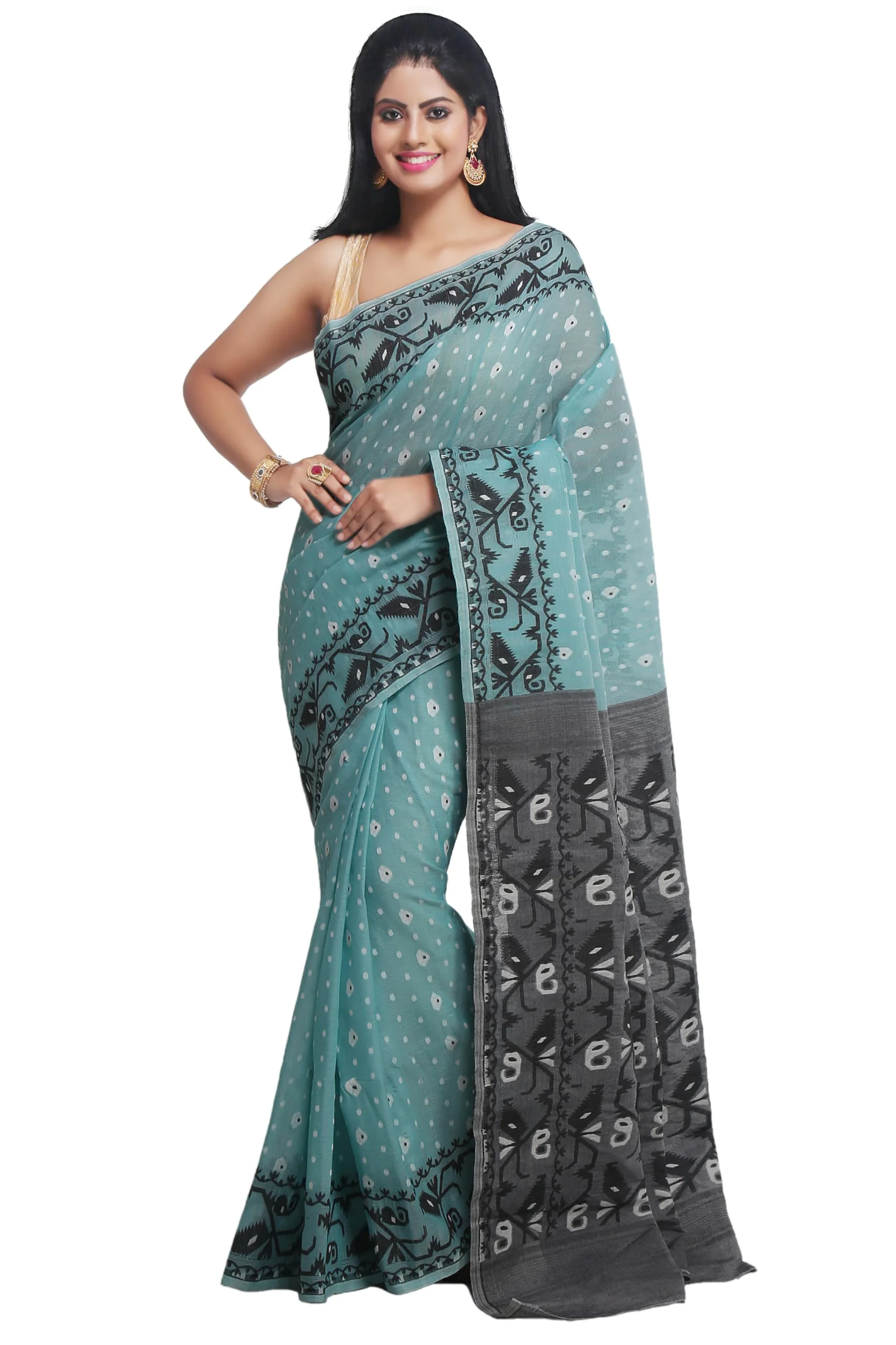WoodenTant Women's Bengal Made Soft Dhakai Jamdani Saree Without Blouse Piece. (Beige & Green, Cotton) - image 2