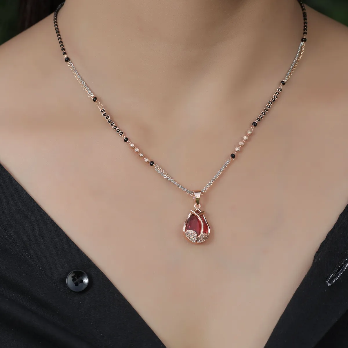 Buy 1 Get 1 Free -Red Teardrop Crystal Silver Finish Black Bead Mangalsutra