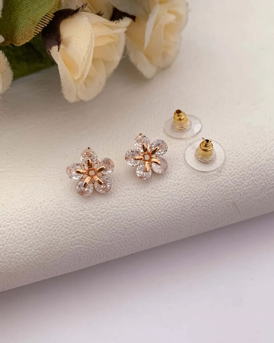 Buy 1 Get 1 Free-American Diamond Flower Shape Rose Gold Delicate  Fancy Earrings