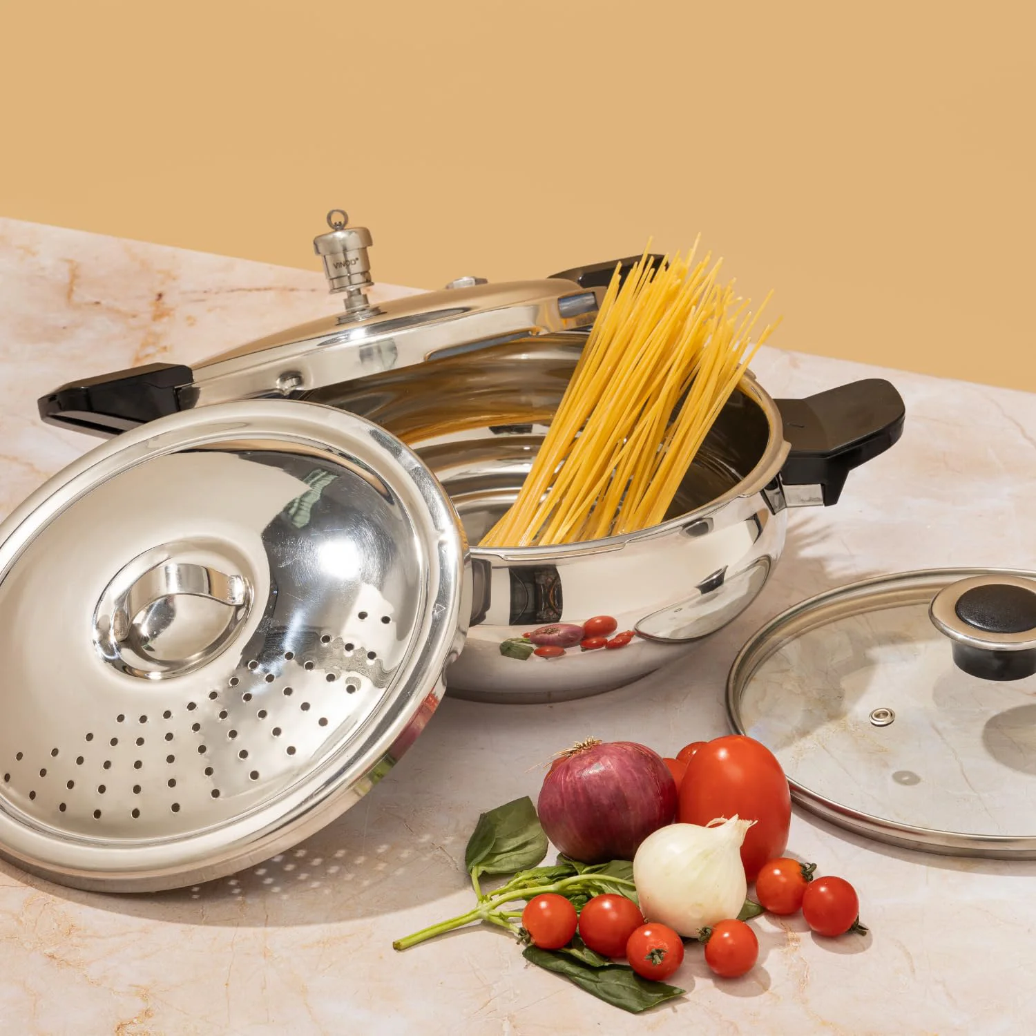 Vinod Magic Stainless Steel Smart 3 in 1 Pressure Cooker 3.5 Litre | 5mm Thick Base | All in One Cooker with Strainer & Glass Lid | Induction and Gas Base | ISI certified | 2 Years Warranty - image 3