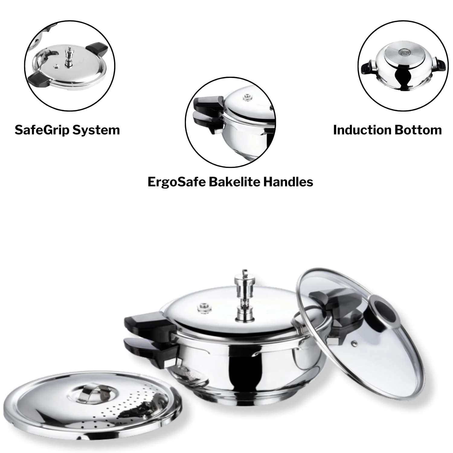 Vinod Magic Stainless Steel Smart 3 in 1 Pressure Cooker 3.5 Litre | 5mm Thick Base | All in One Cooker with Strainer & Glass Lid | Induction and Gas Base | ISI certified | 2 Years Warranty - image 5