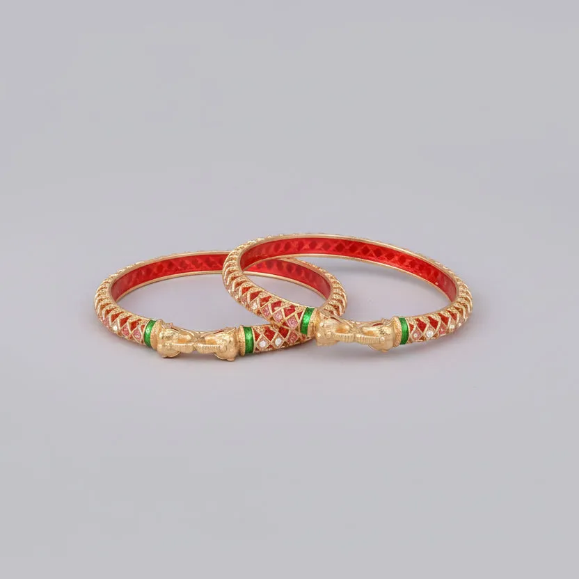 Buy 1 Get 1 Free-  Fancy High Gold Ruby Green Elephant Delicate Bangles (Set of 2)