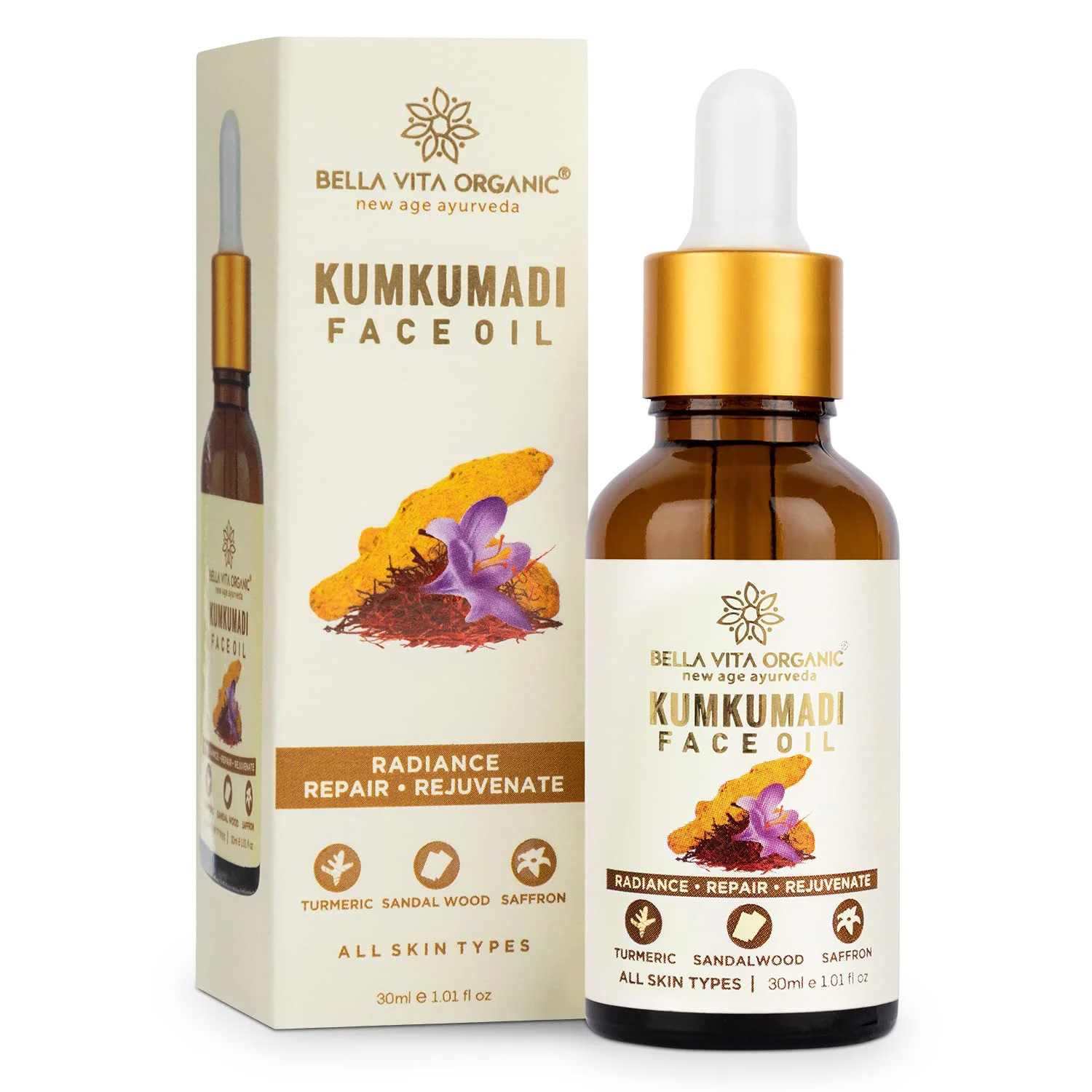 4x Bella Vita Organic Kumkumadi Face Glow Oil for Dry to Normal Skin for Soothing & Moisturization with Sandalwood, Saffron, Turmeric and Sesame Oil, 30ml - Pack of 4