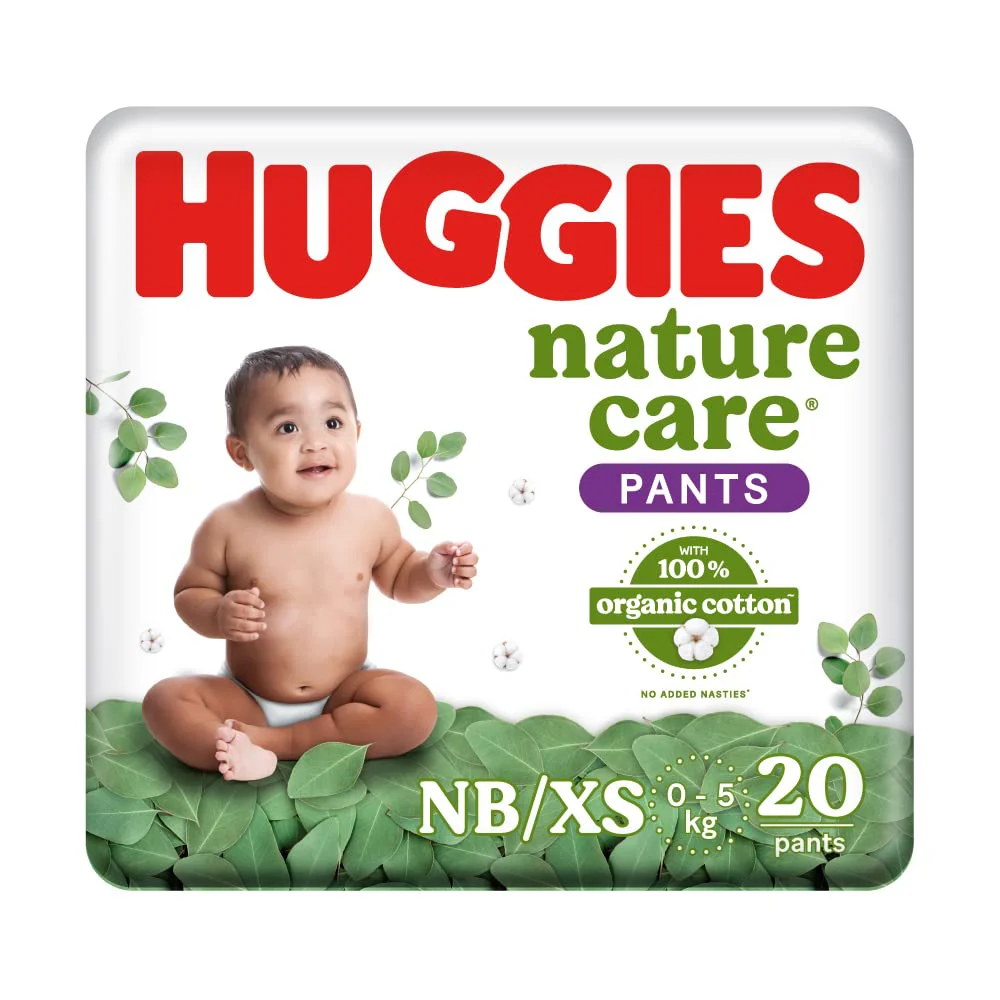 Huggies Nature Care Pants, New Born/Extra Small Size (Upto 5 kgs) Premium Baby Diaper Pants, 20 Count, Made with 100% Organic Cotton
