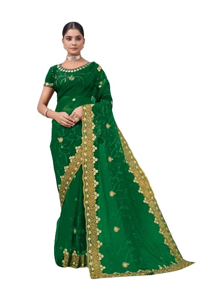 Radhe Radhey Women's New Georgette Embridered Sari With Unstitched Blouse Piece(Free Size)… (Green)