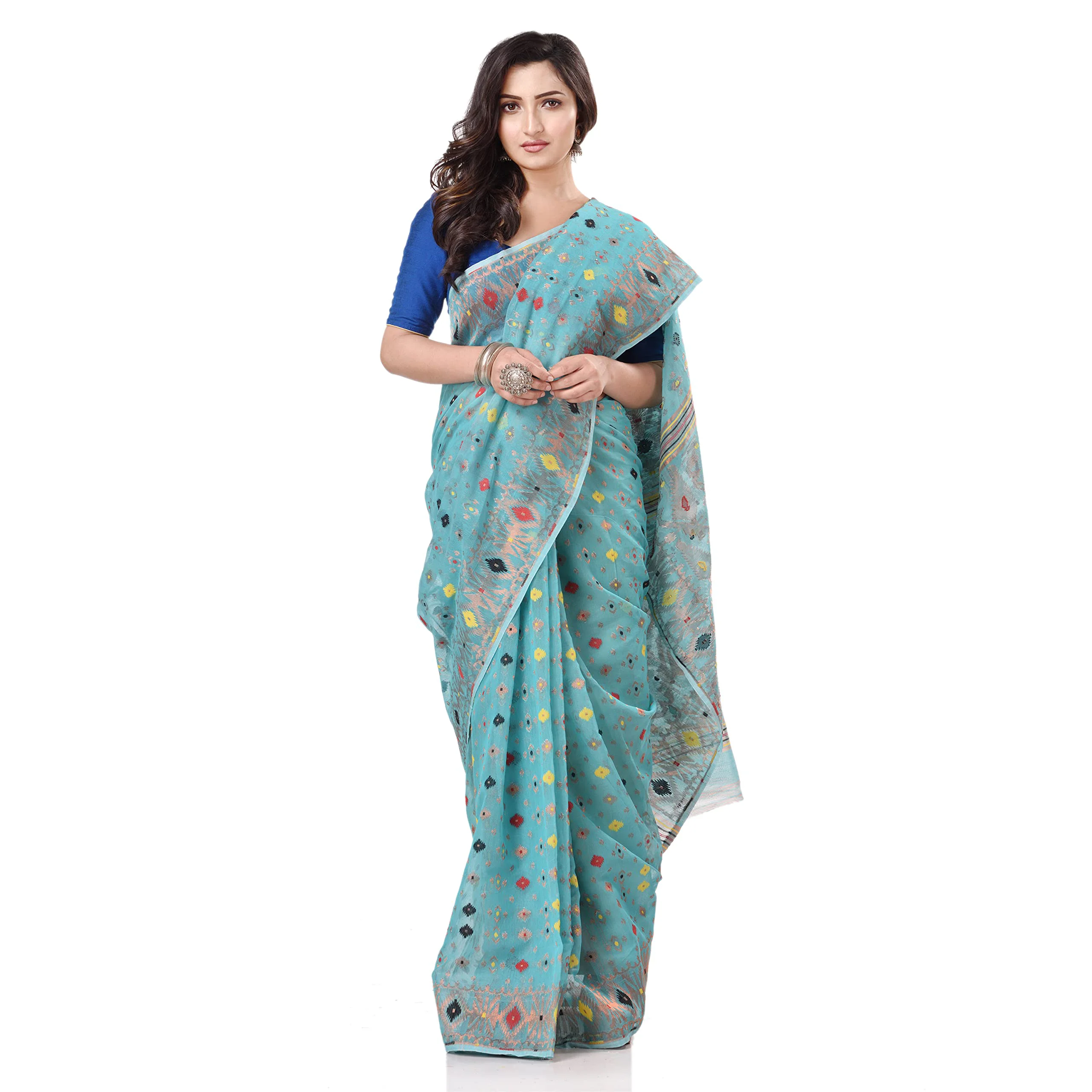 Tantloom Women's Jamdani Cotton Blend Saree With Blouse Piece (Tl290722Jmzarikarat_F_Firozi) - image 2