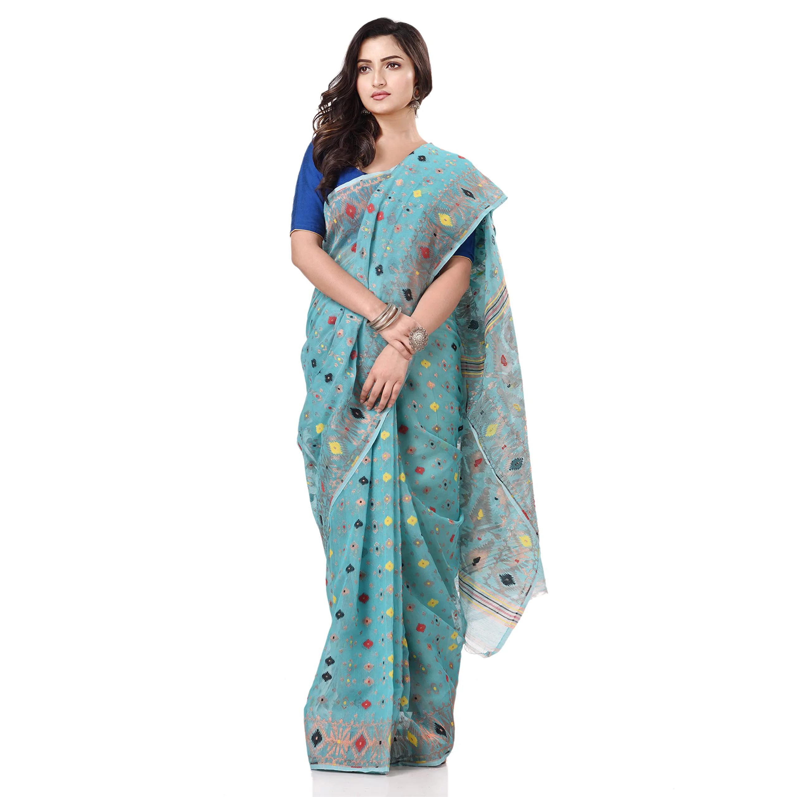 Tantloom Women's Jamdani Cotton Blend Saree With Blouse Piece (Tl290722Jmzarikarat_F_Firozi) - image 3