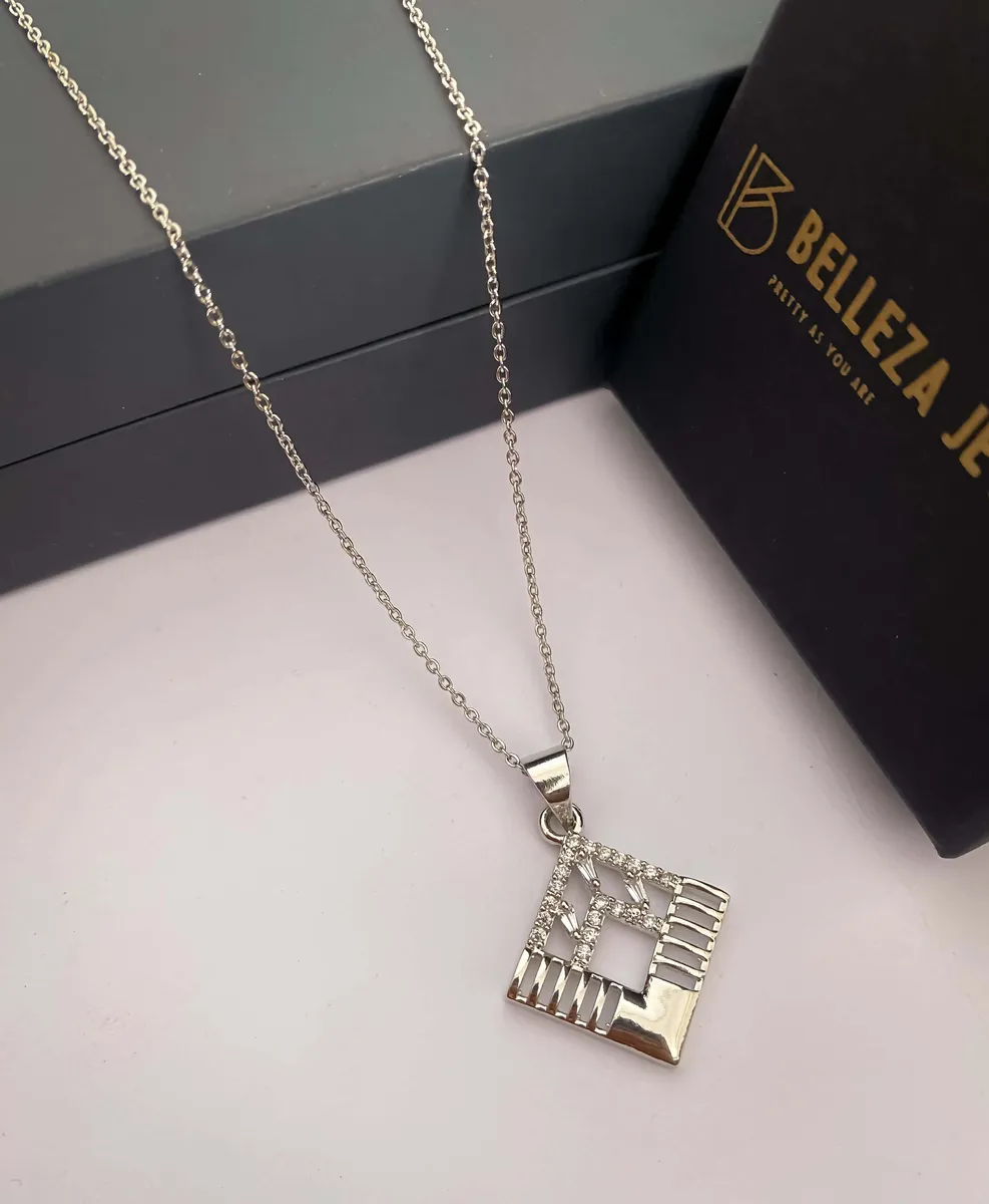 Silver Shine Geometric Square Pendant Necklace – AD Stone Minimal Chain