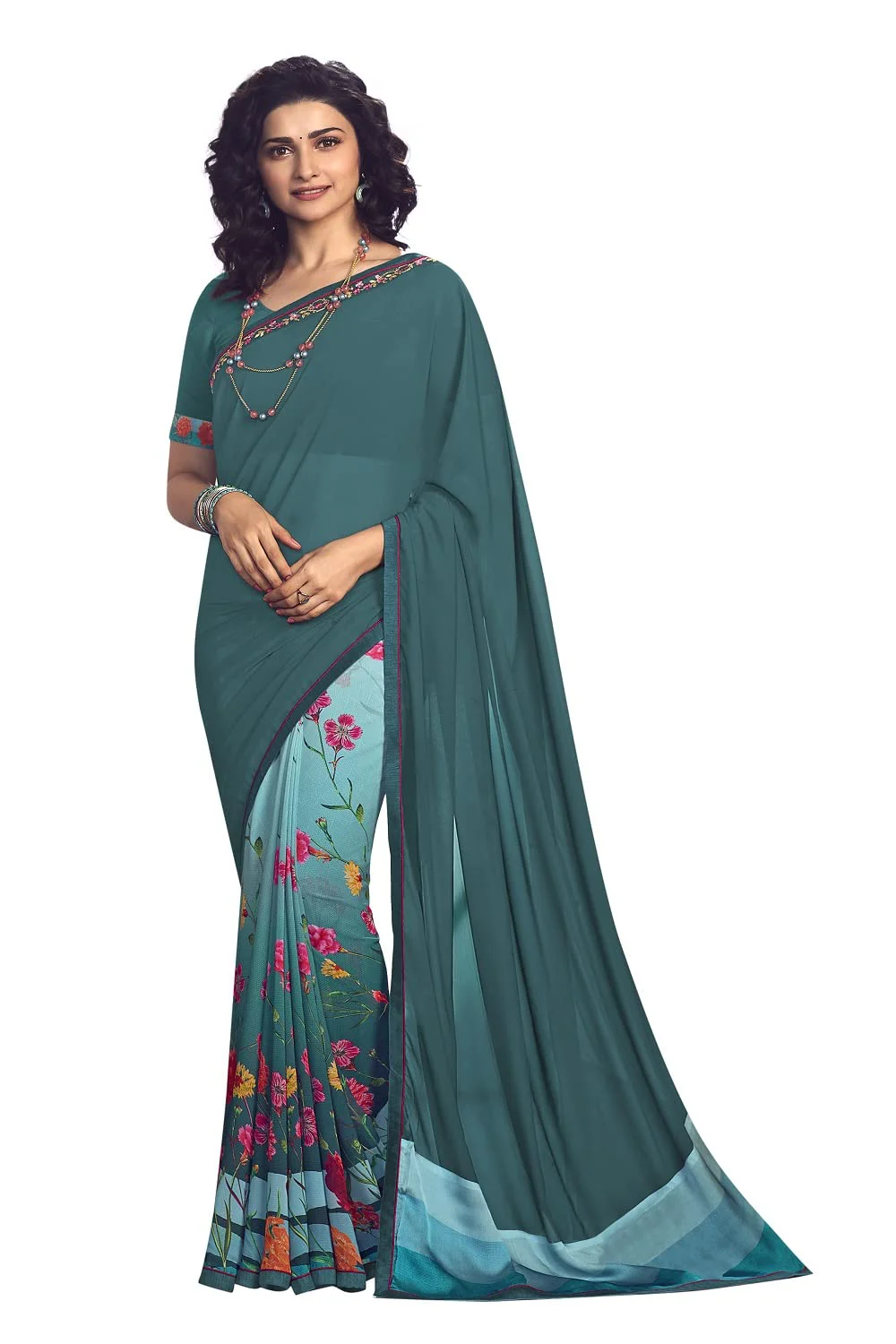 ROOP SUNDARI SAREES Women's Georgette Printed Half & Half Saree For Girls With Jacquard Lace Border & Blouse Piece(A50 M PICH_Multicolored_Free Size 6.30 Mtr)