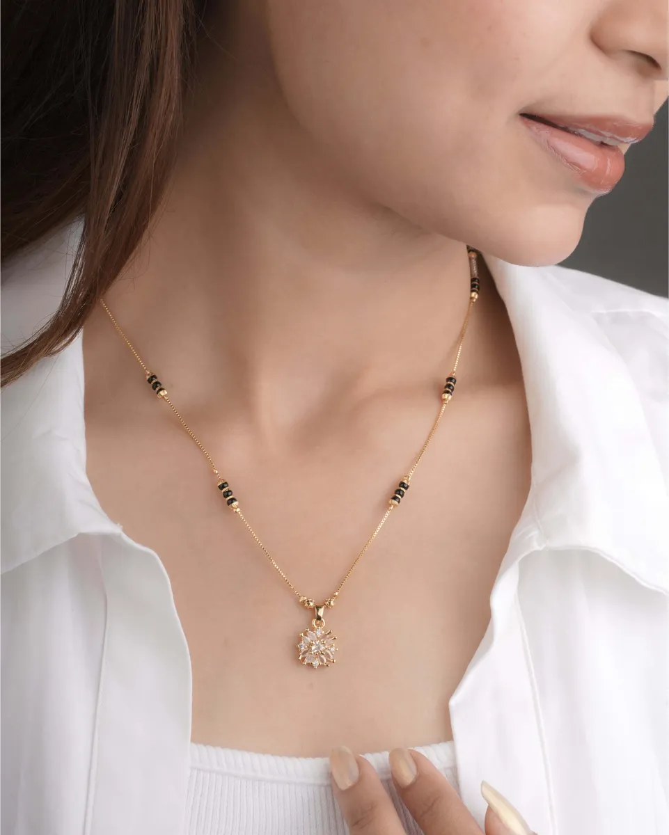 Buy 1 Get 1 Free -Gold Finish Floral CZ Pendant Mangalsutra
