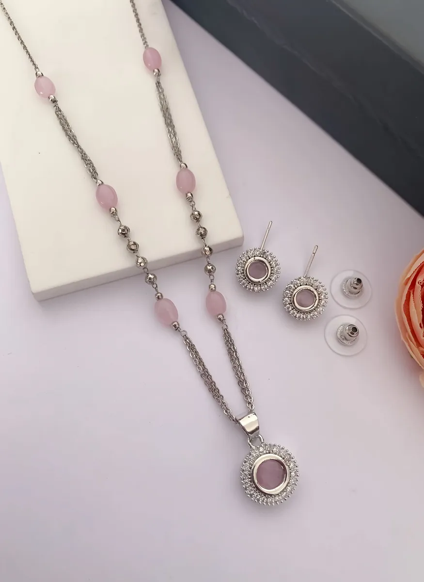 Silver Finish Beaded Pendant Necklace Set with Matching Stud Earrings