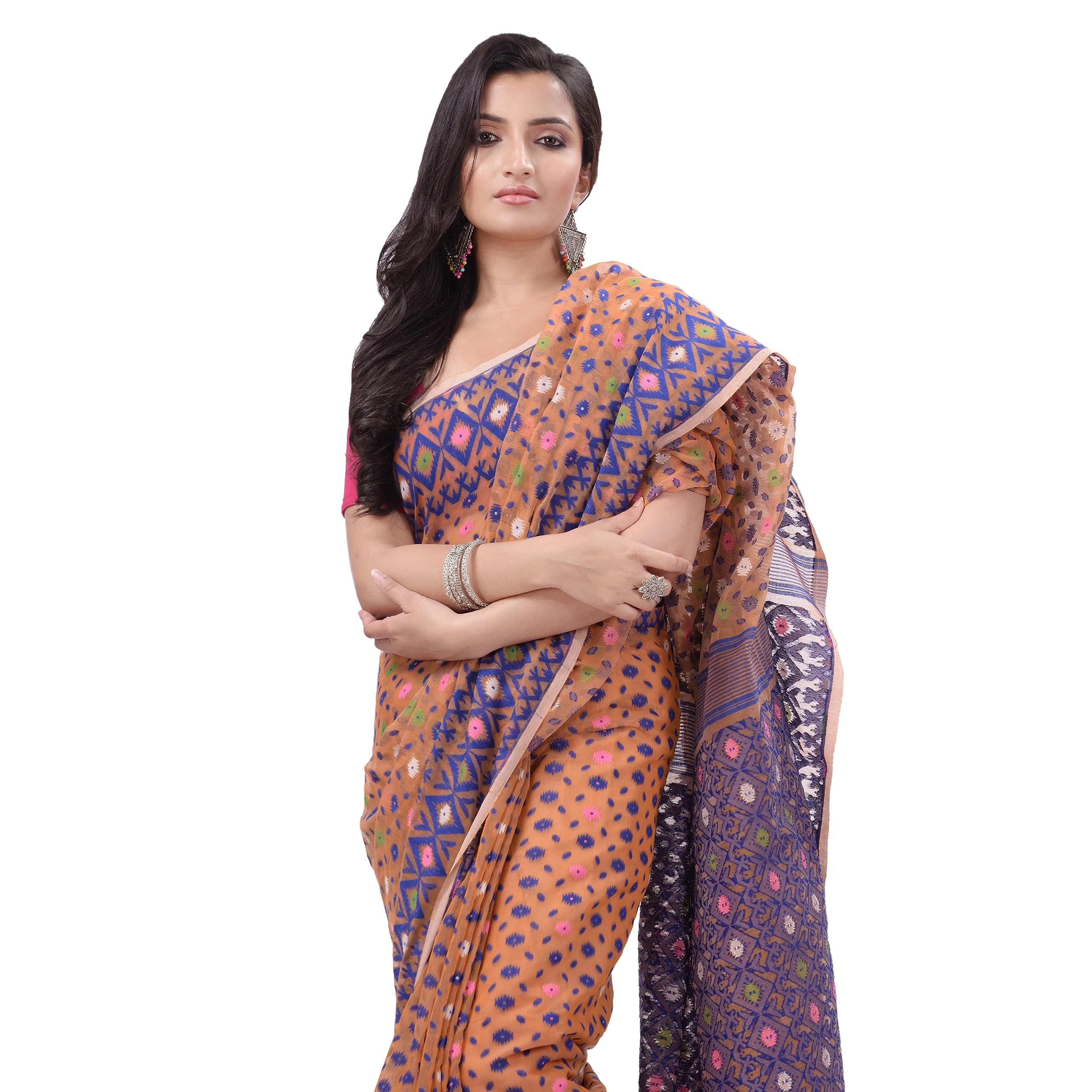 TANTLOOM Sparkle Diamond Resham Dhakai Jamdani Bengal Woven Handloom Pure Cotton Saree for Women Without Blouse Piece - image 5