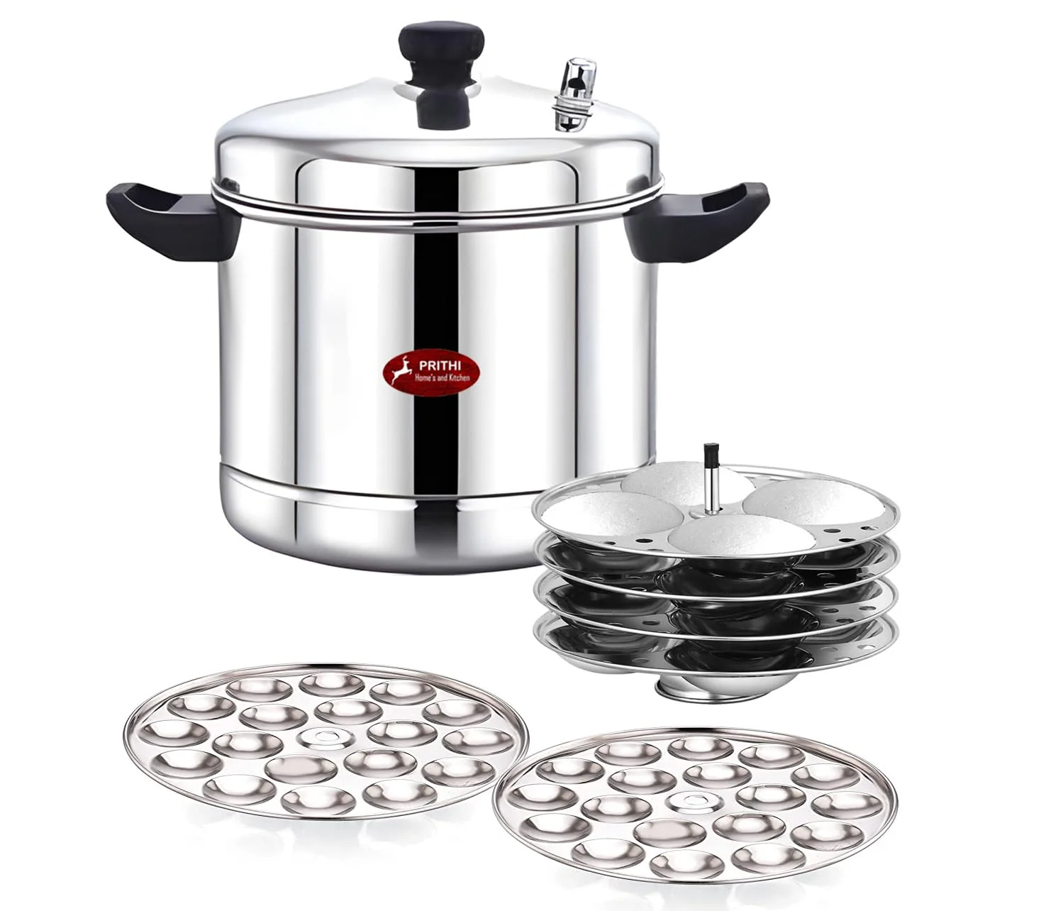 Prithi Home's and Kitchen Heavy Gauge Stainless Steel Induction Friendly Idli Cooker/Idli maker 4 plate Regular + 2 Mini Idly plate -16 idli,36 mini Idli (4 Regular Idli Plate with stand+ 2 Mini Idly Plate Extra) - image 2