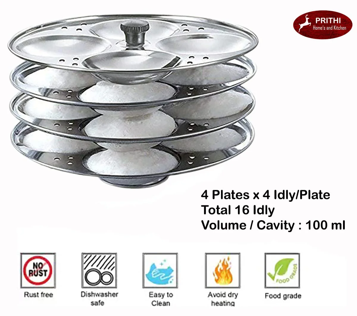 Prithi Home's and Kitchen Heavy Gauge Stainless Steel Induction Friendly Idli Cooker/Idli maker 4 plate Regular + 2 Mini Idly plate -16 idli,36 mini Idli (4 Regular Idli Plate with stand+ 2 Mini Idly Plate Extra) - image 5