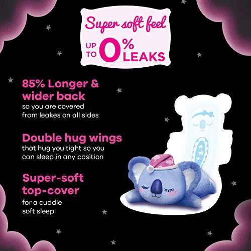 Whisper Bindazzz Night Koala Soft Sanitary Pads|Pack of 10 Pads|XXL+|upto 0% Leaks|60% Longer & wider back|Super Soft topsheet|Double hug wings|Irritation free|36 cm Long|With disposable wrap - image 3
