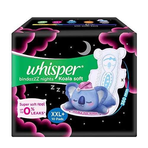 Whisper Bindazzz Night Koala Soft Sanitary Pads|Pack of 10 Pads|XXL+|upto 0% Leaks|60% Longer & wider back|Super Soft topsheet|Double hug wings|Irritation free|36 cm Long|With disposable wrap
