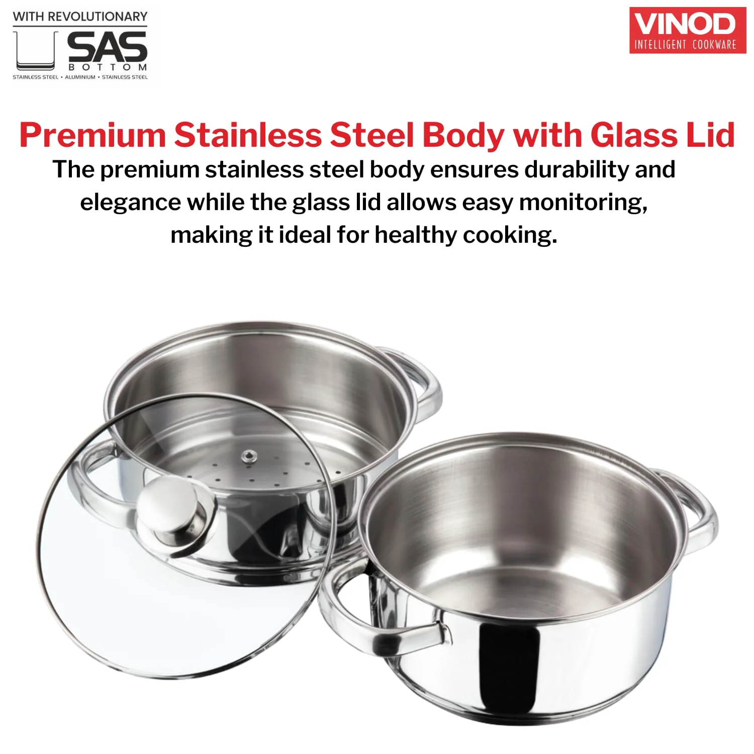 Vinod Stainless Steel Steamer 2 Tier with Glass Lid 18 cm | 2.5 mm Thick Base | Multi Purpose Momos, Modak Maker Steamer | Induction and Gas Base | 2 Year Warranty - Silver - image 5