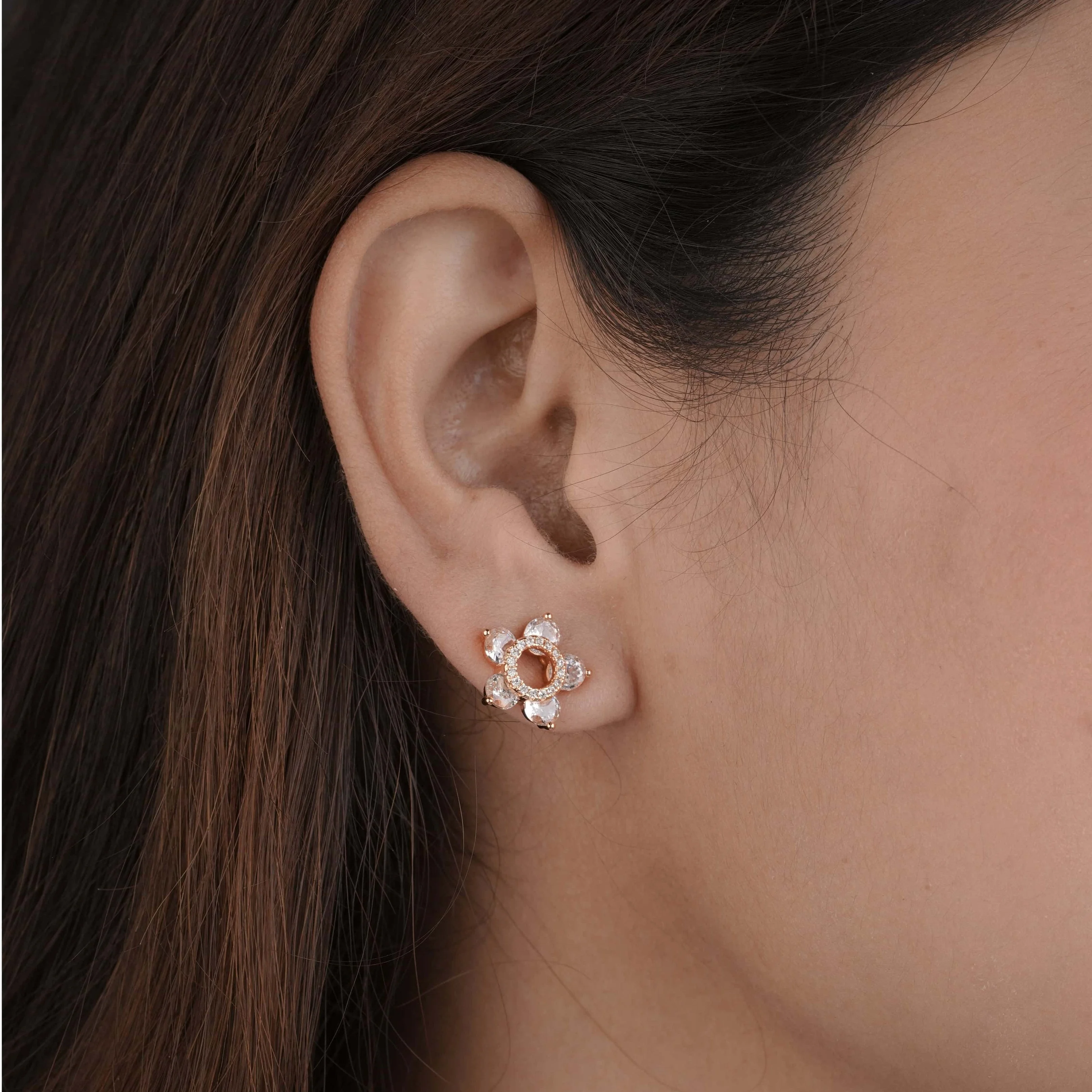 Buy 1 Get 1 Free -American Diamond flower rose gold fancy Earrings.