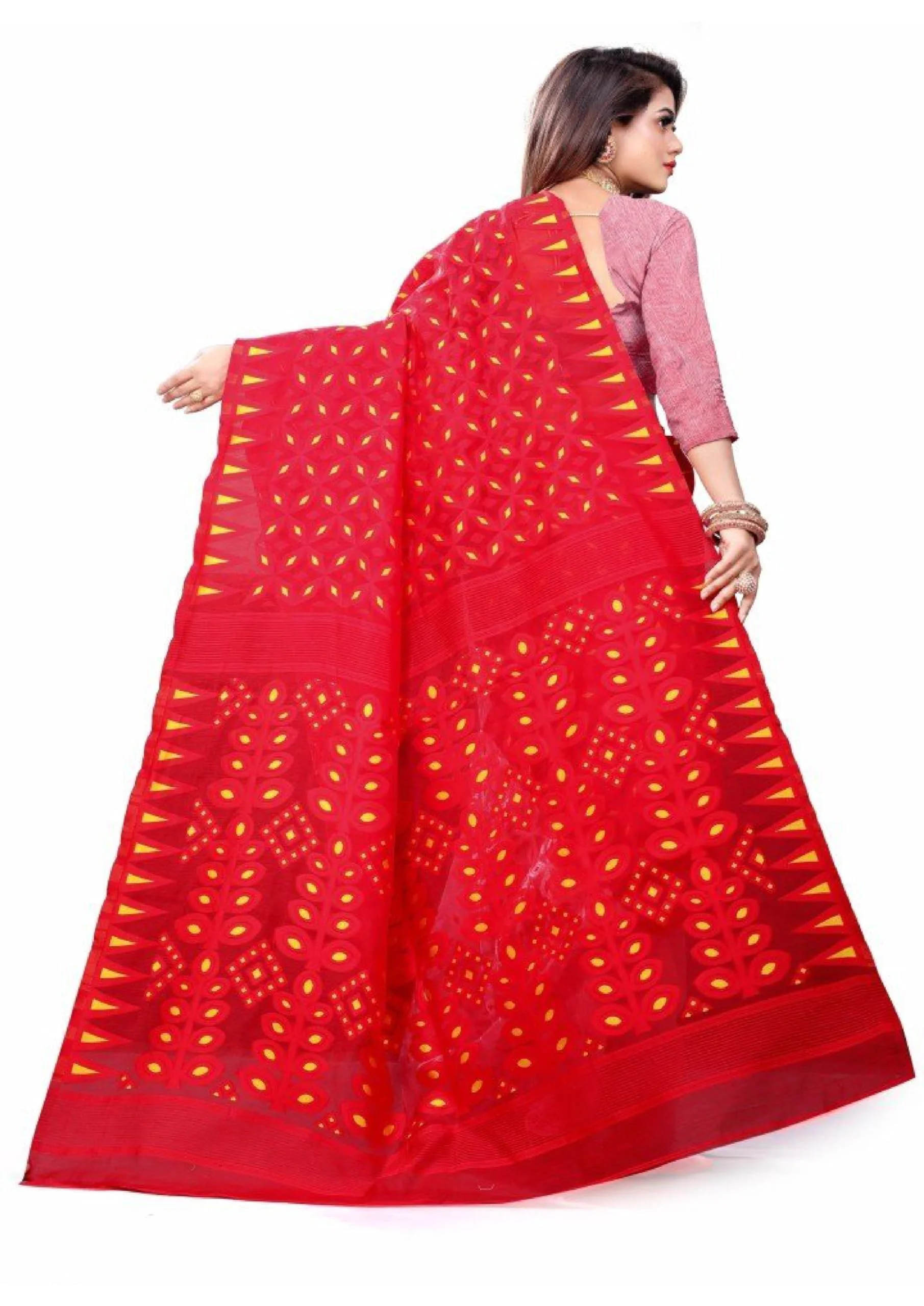 Women`s Bengal Handloom Tant Soft Dhakai Jamdani Cotton Saree Whole Body Design Without Blouse Piece (White Red) - image 3