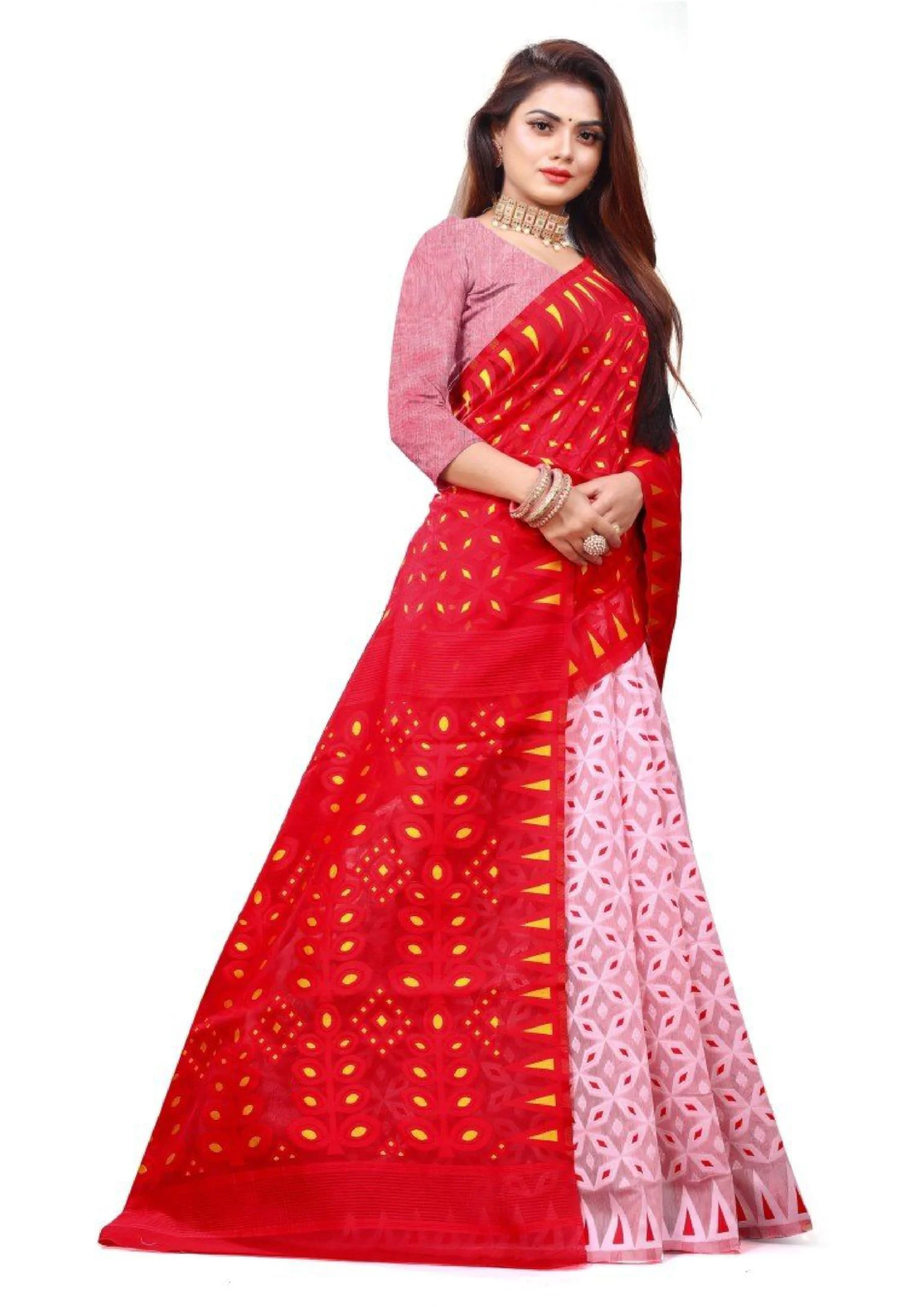 Women`s Bengal Handloom Tant Soft Dhakai Jamdani Cotton Saree Whole Body Design Without Blouse Piece (White Red) - image 4