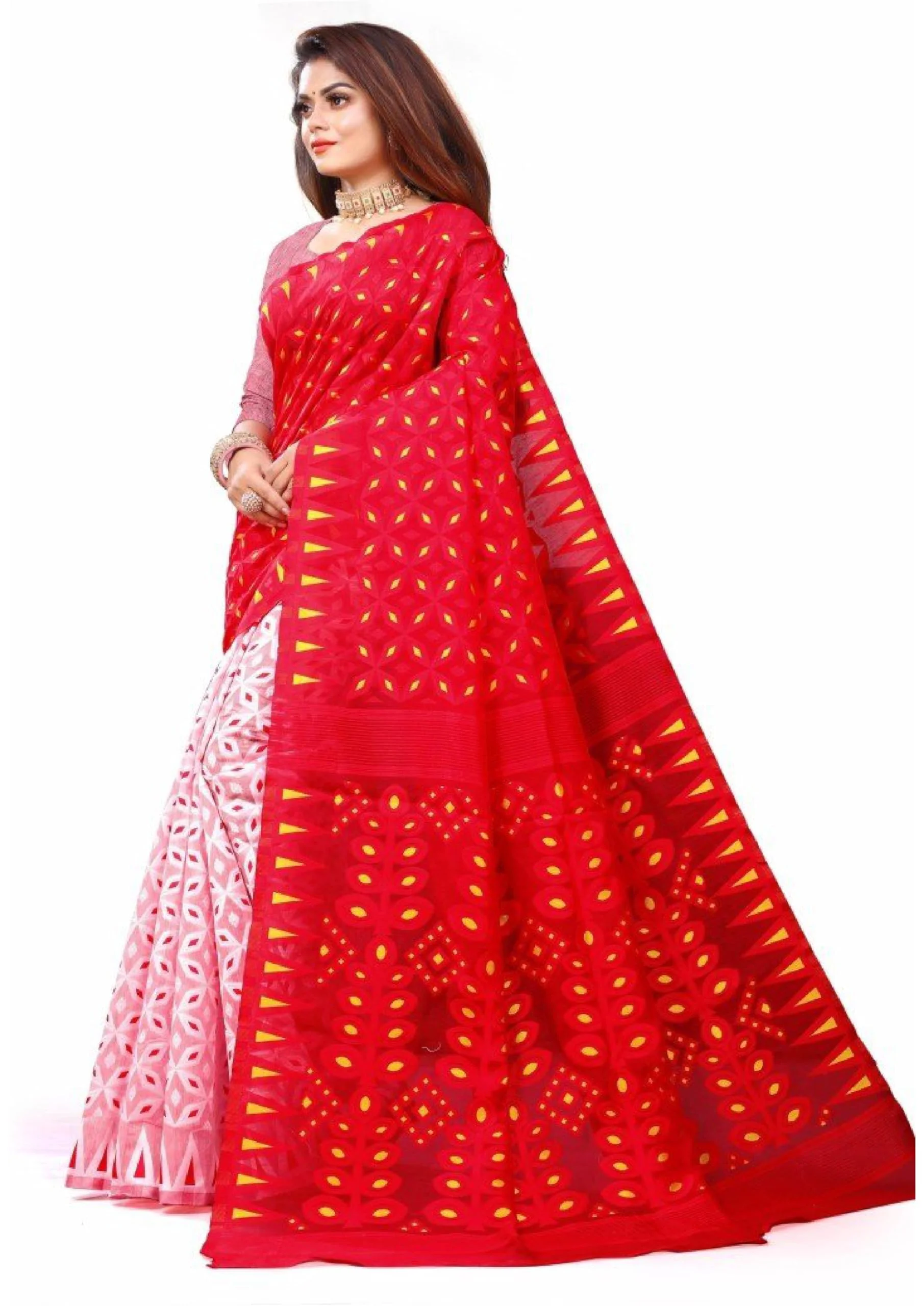 Women`s Bengal Handloom Tant Soft Dhakai Jamdani Cotton Saree Whole Body Design Without Blouse Piece (White Red) - image 5