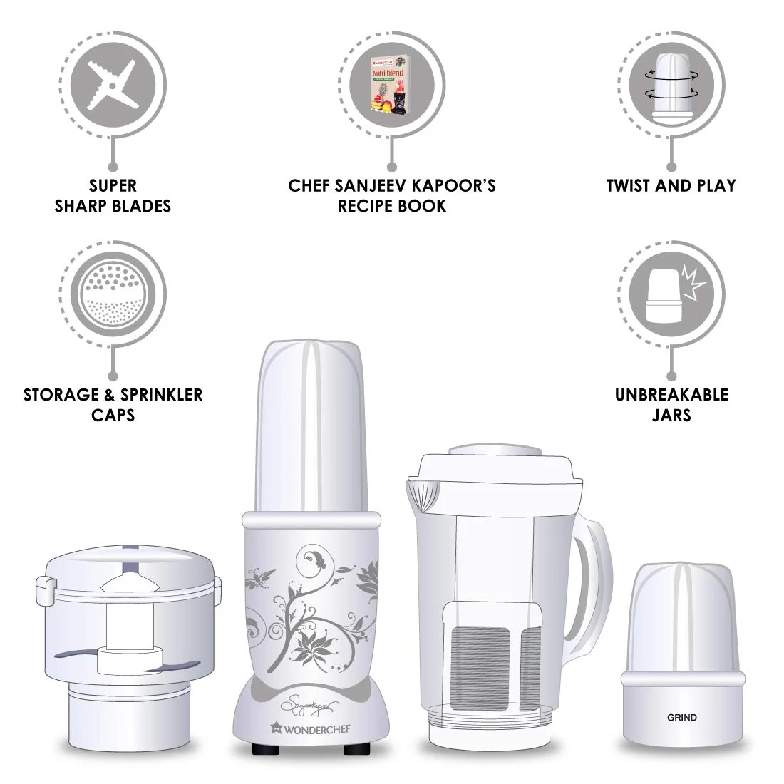 Wonderchef Nutri-Blend Juicer, Mixer, Grinder & Chopper|400W 100% Full Copper Motor|Complete Kitchen Machine|4 Unbreakable Jars|2 Years Warranty|Recipe Book by Chef Sanjeev Kapoor|White - image 4