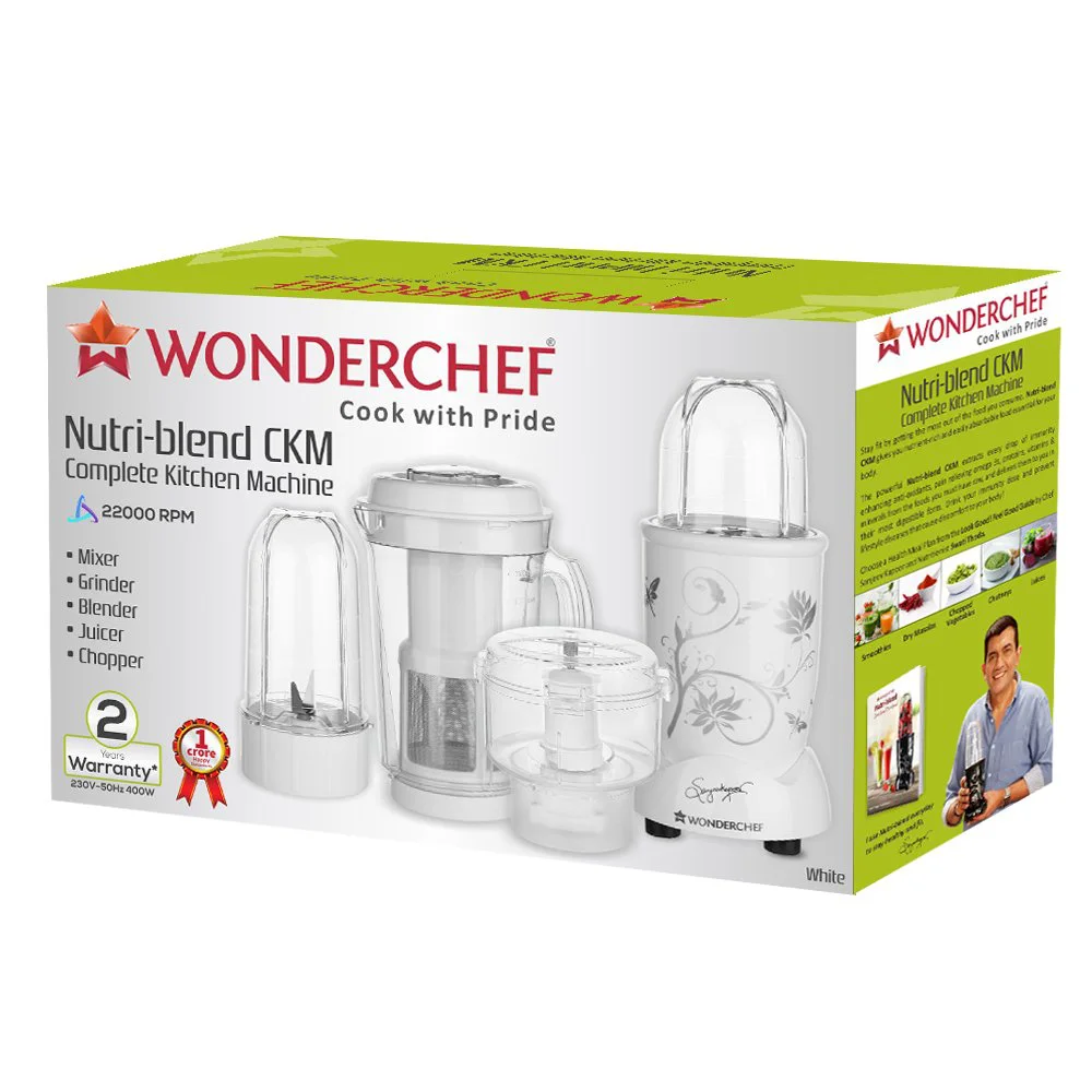 Wonderchef Nutri-Blend Juicer, Mixer, Grinder & Chopper|400W 100% Full Copper Motor|Complete Kitchen Machine|4 Unbreakable Jars|2 Years Warranty|Recipe Book by Chef Sanjeev Kapoor|White - image 5