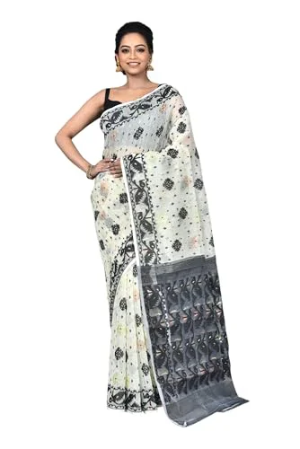 Saree Niketan Bengal Traditional Women's Cotton Silk Soft Jamdani Saree - Without Blouse Piece, White & Black - image 2