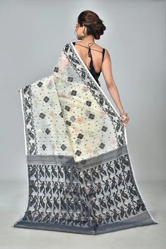 Saree Niketan Bengal Traditional Women's Cotton Silk Soft Jamdani Saree - Without Blouse Piece, White & Black - image 3