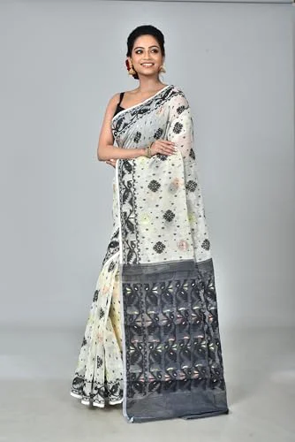 Saree Niketan Bengal Traditional Women's Cotton Silk Soft Jamdani Saree - Without Blouse Piece, White & Black - image 4