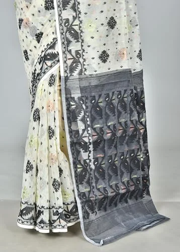 Saree Niketan Bengal Traditional Women's Cotton Silk Soft Jamdani Saree - Without Blouse Piece, White & Black - image 5