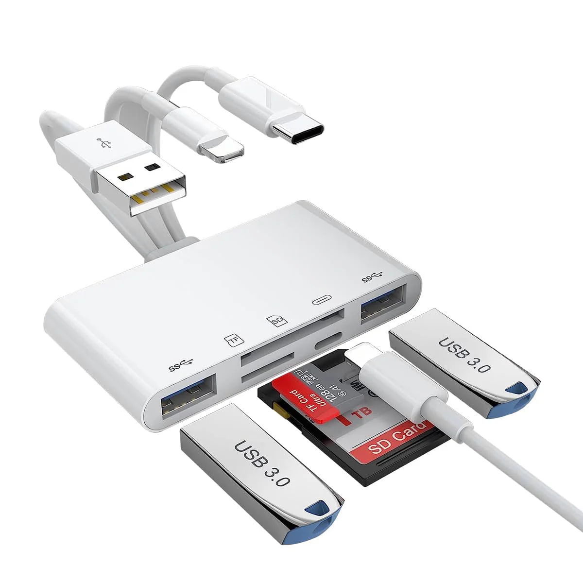 Verilux® Card Reader 5 in 1 SD Card Reader Micro SD Card Reader with Light-ning Port and 2 USB3.0 Ports Memory Card Reader Support Charging and High Speed Transfer for iPhone, iPad, PC, Laptop - image 2