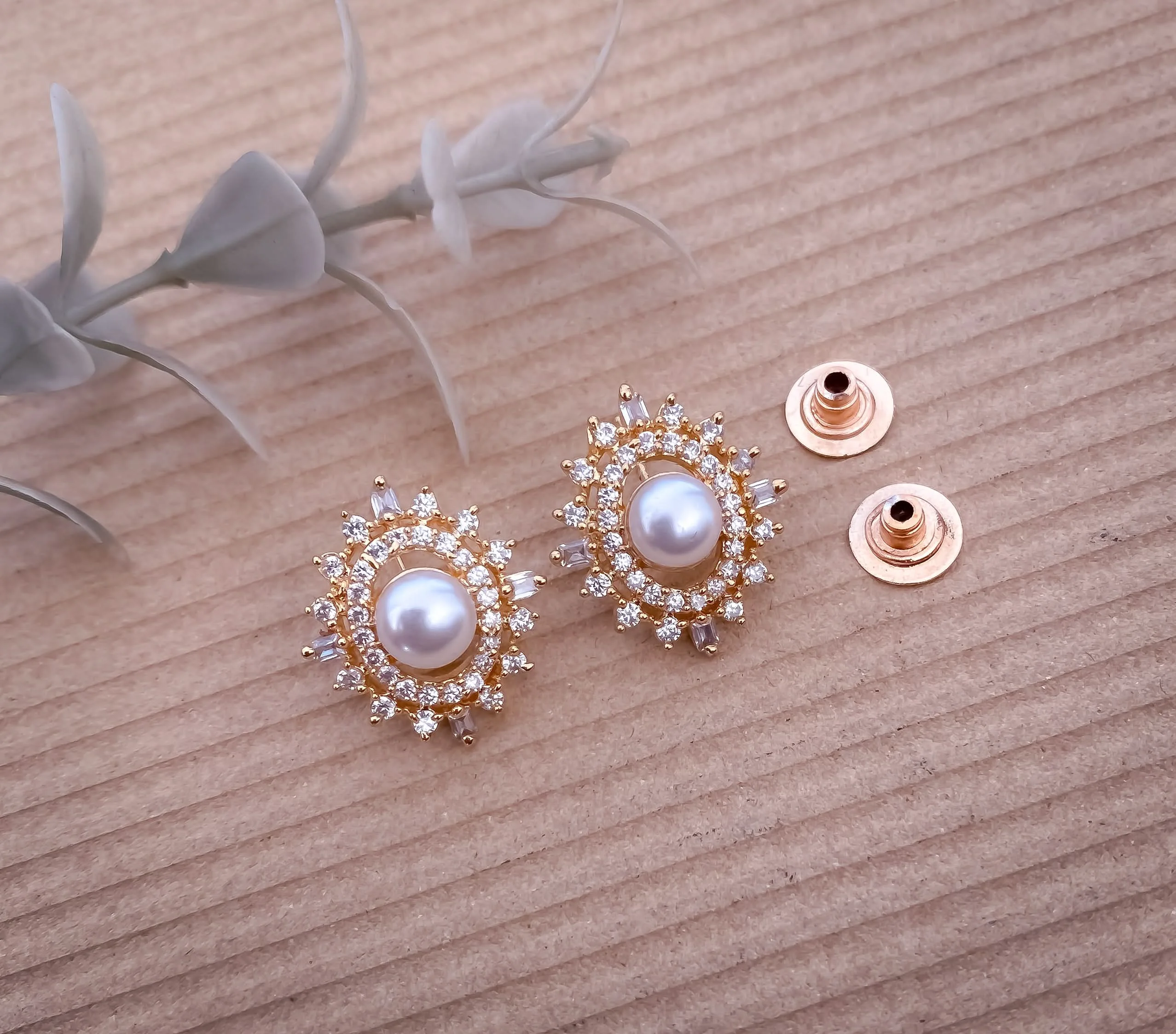 Buy 1 get 1 Free -American Diamond White Pearl Ovel Shape Earring Tops