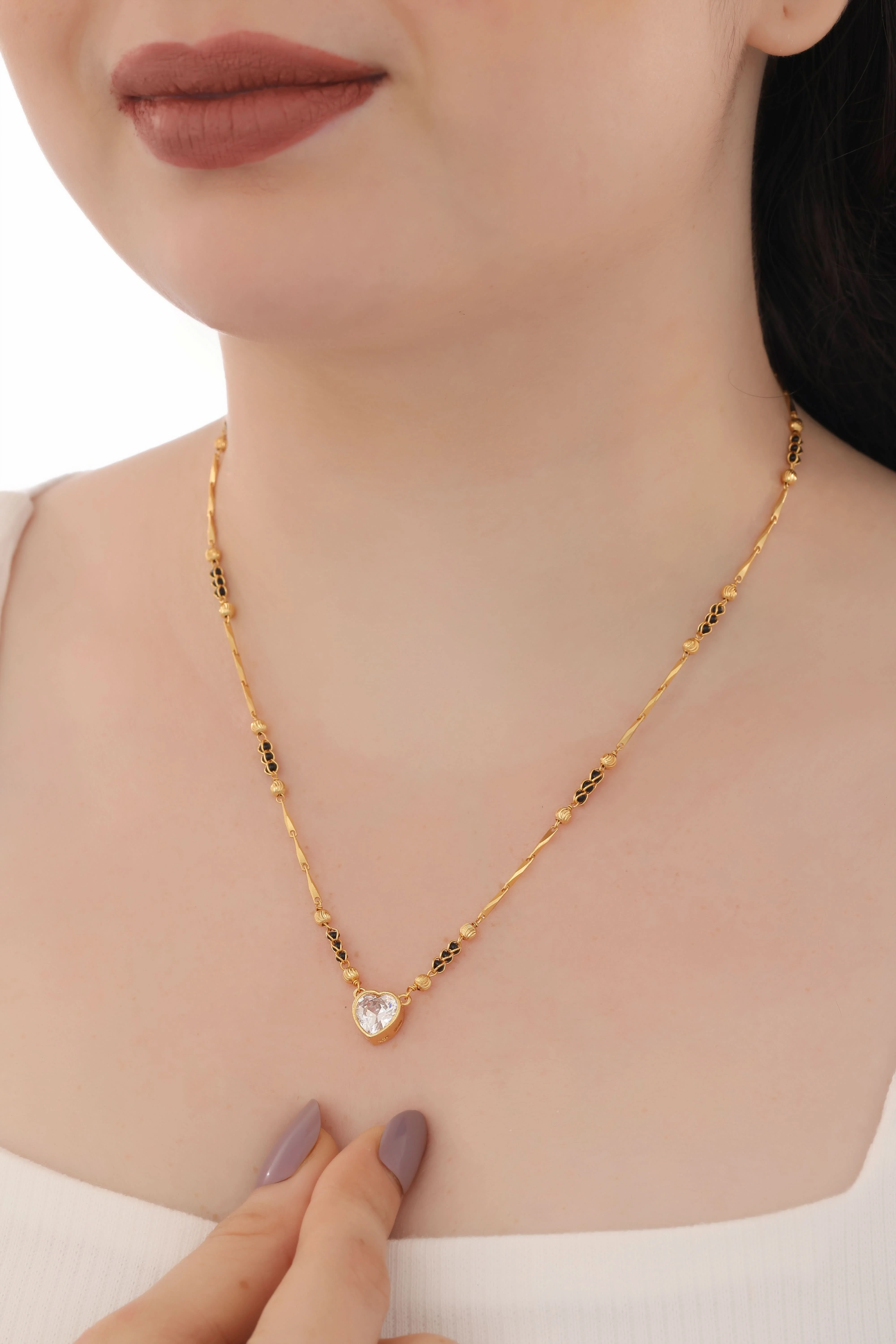 Buy 1 Get 1 Free -Gold Plated Heart Pendant Mangalsutra with Black Bead Accents