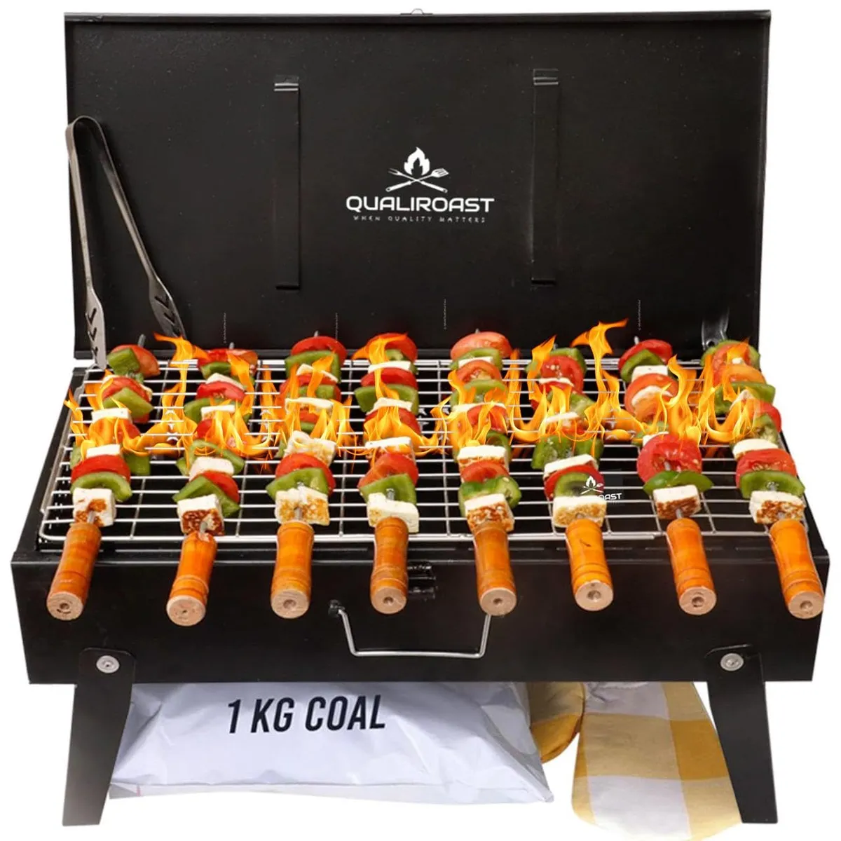 Qualiroast Barbeque Grill Set for Home Chicken Griller Barbeque Grill Breifcase,Portable Tandoori Grill for Home,Outdoor,Charcoal Bbq Grill Set with Accessories 8 skewers,1Grill,1kg Coal,1Tong,1Glove