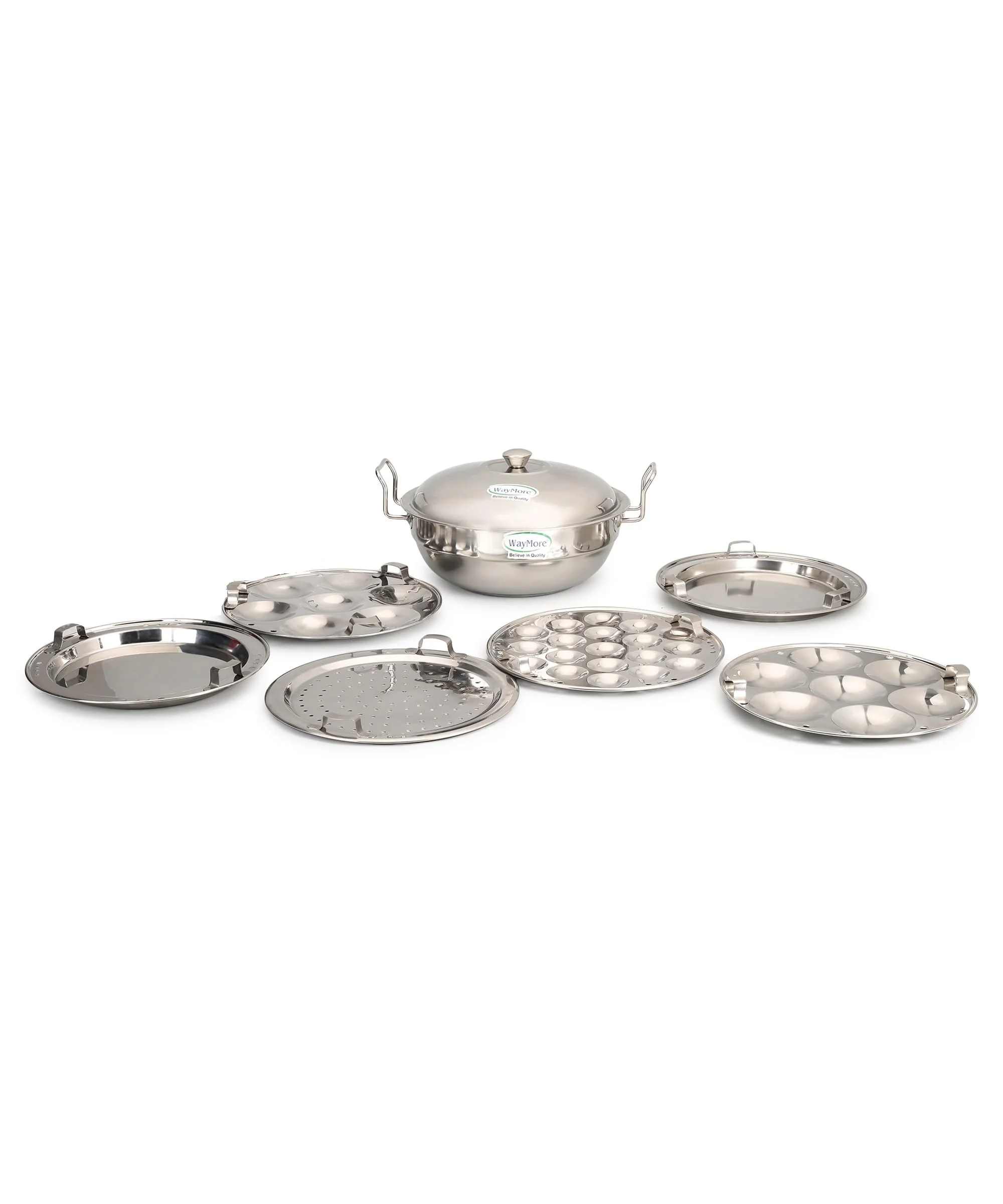 WayMore® Stainless Steel Idli Cooker Multi Kadai Steamer with Induction Bottom All-in-One Big Size 6 Plate, 2 Idli | 1 Mini Idli | 2 Dhokla | 1 Patra | Momo's | 4 in 1 | 28.5 cm Dia. - image 1