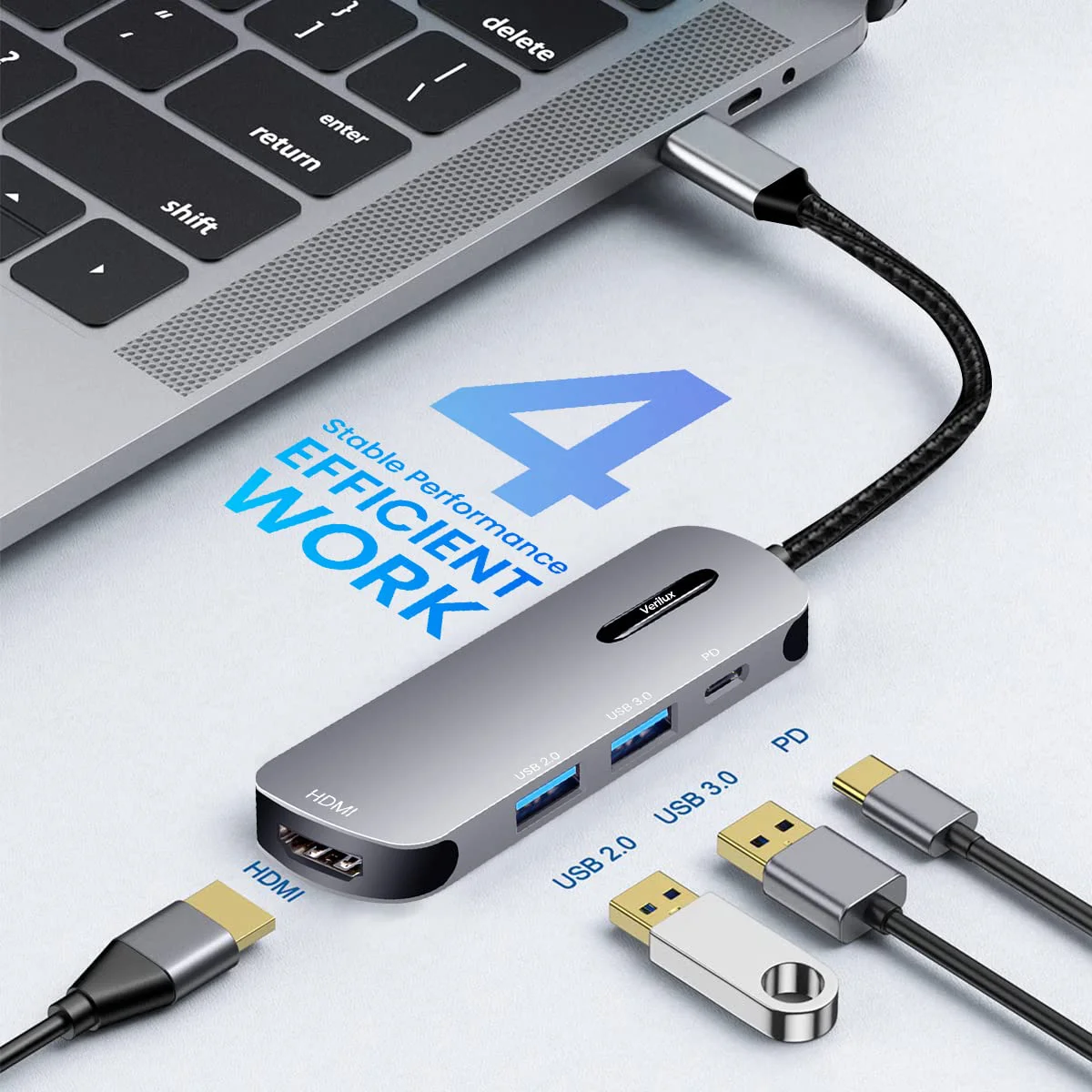 Verilux® USB C HUB 4 in 1 USB C to HDMI Adapter with 4K@30Hz HDMI, 2.0/3.0 USB Adapter Multiple Port, PD 100W & USB C Data Port USB Type C Hub for Laptop, MacBook Pro Air 20CM USB Hub Long Cable - image 4