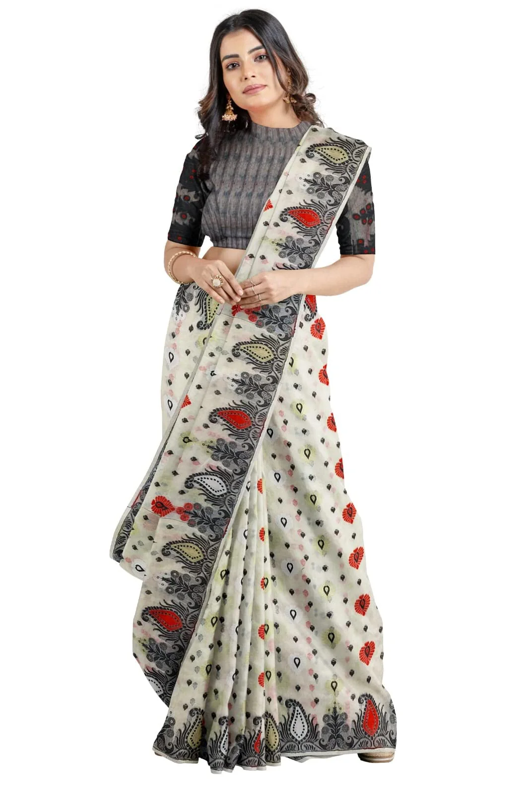 Saree Niketan Women's Traditional Bengal Cotton Silk Jamdani Saree (white) - image 2