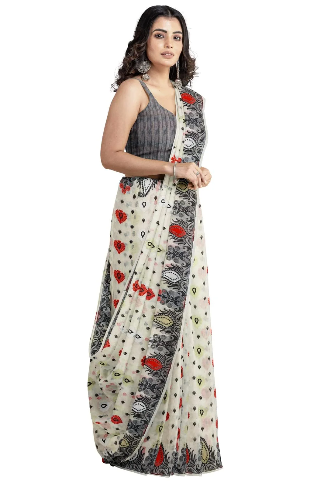 Saree Niketan Women's Traditional Bengal Cotton Silk Jamdani Saree (white) - image 5