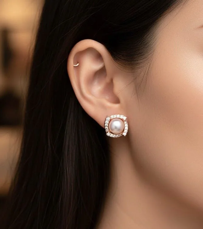 Buy 1 Get 1 Free - Classic Pearl Halo Studs – American Diamond Rose Gold Earrings