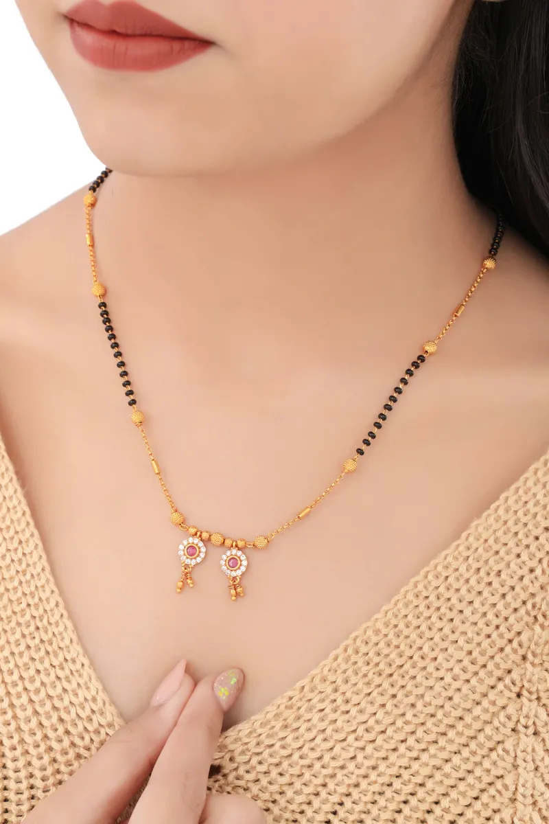Buy 1 Get 1 Free - American Diamond Round Shape Ruby Mangalsutra