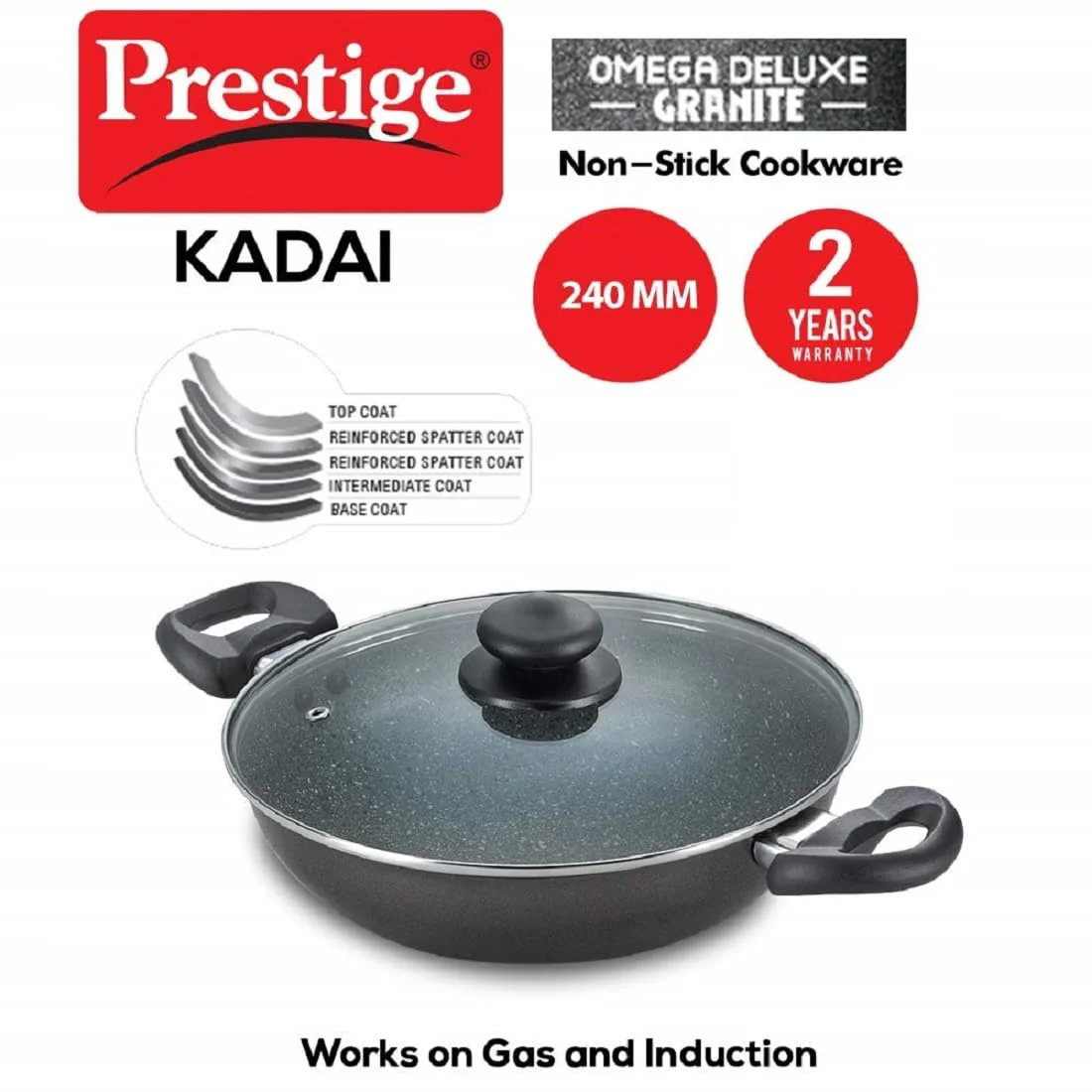 Prestige Omega Deluxe Non-Stick Kadhai | 2.4 Litres | Black | Induction Base | Non-Stick Granite Finish | Scratch Resistant | Dishwasher Safe | Metal Spoon Friendly - image 3