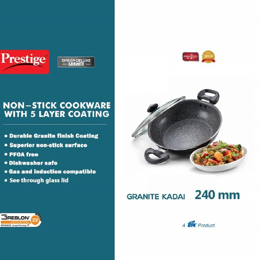 Prestige Omega Deluxe Non-Stick Kadhai | 2.4 Litres | Black | Induction Base | Non-Stick Granite Finish | Scratch Resistant | Dishwasher Safe | Metal Spoon Friendly - image 4