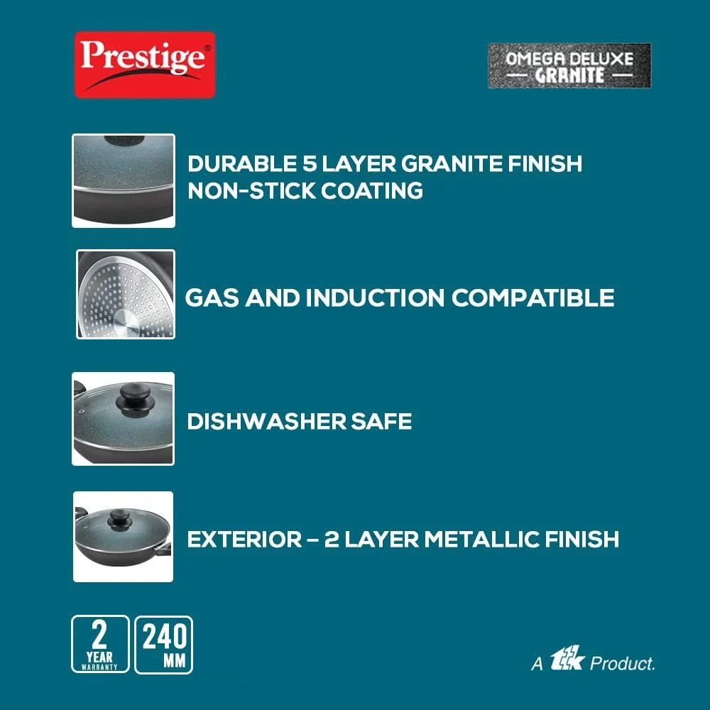 Prestige Omega Deluxe Non-Stick Kadhai | 2.4 Litres | Black | Induction Base | Non-Stick Granite Finish | Scratch Resistant | Dishwasher Safe | Metal Spoon Friendly - image 5