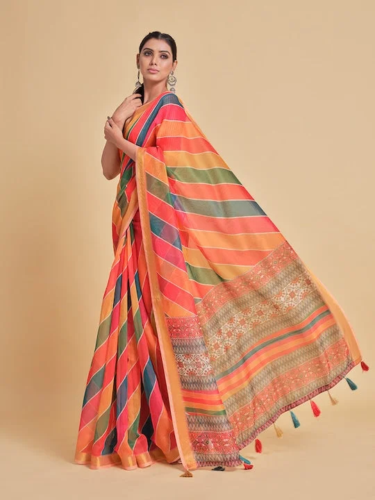 Orange & Green Printed Pure Cotton Saree