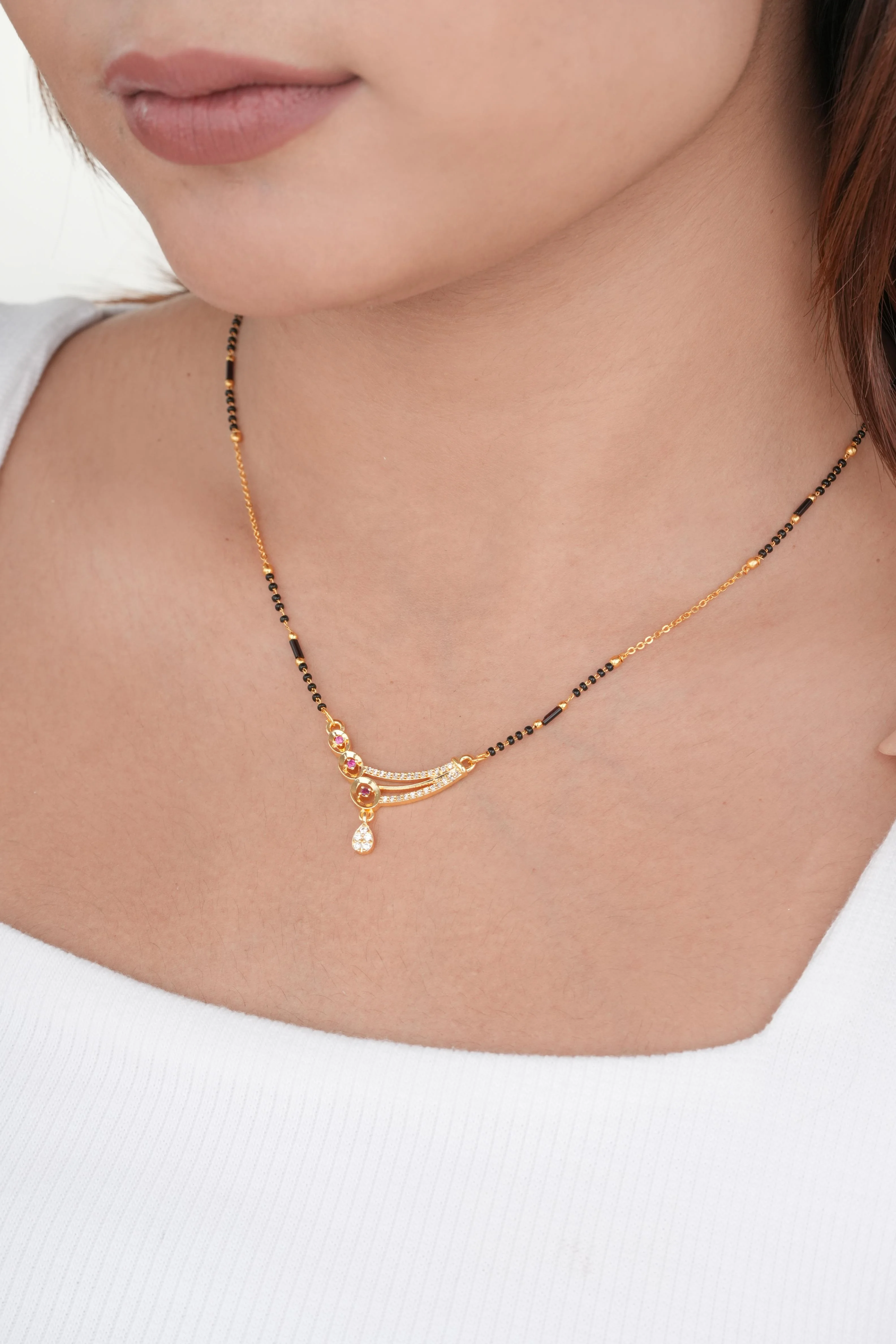 Buy 1 Get 1 Free - Gold Finish Ruby Triple Stone Curved Minimal Mangalsutra