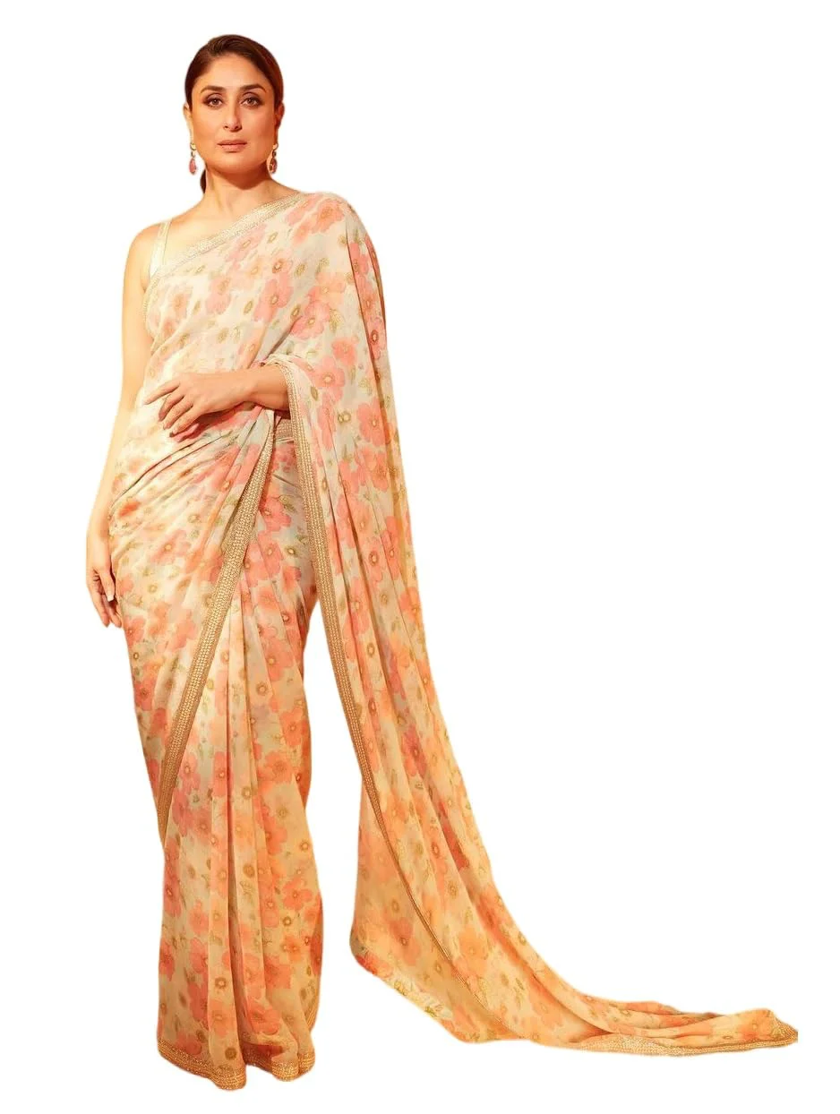Sidhidata Women's Georgette Floral Printed Saree With Unstitched Blouse Piece (Kareena Flower_Cream_Free Size) - image 2